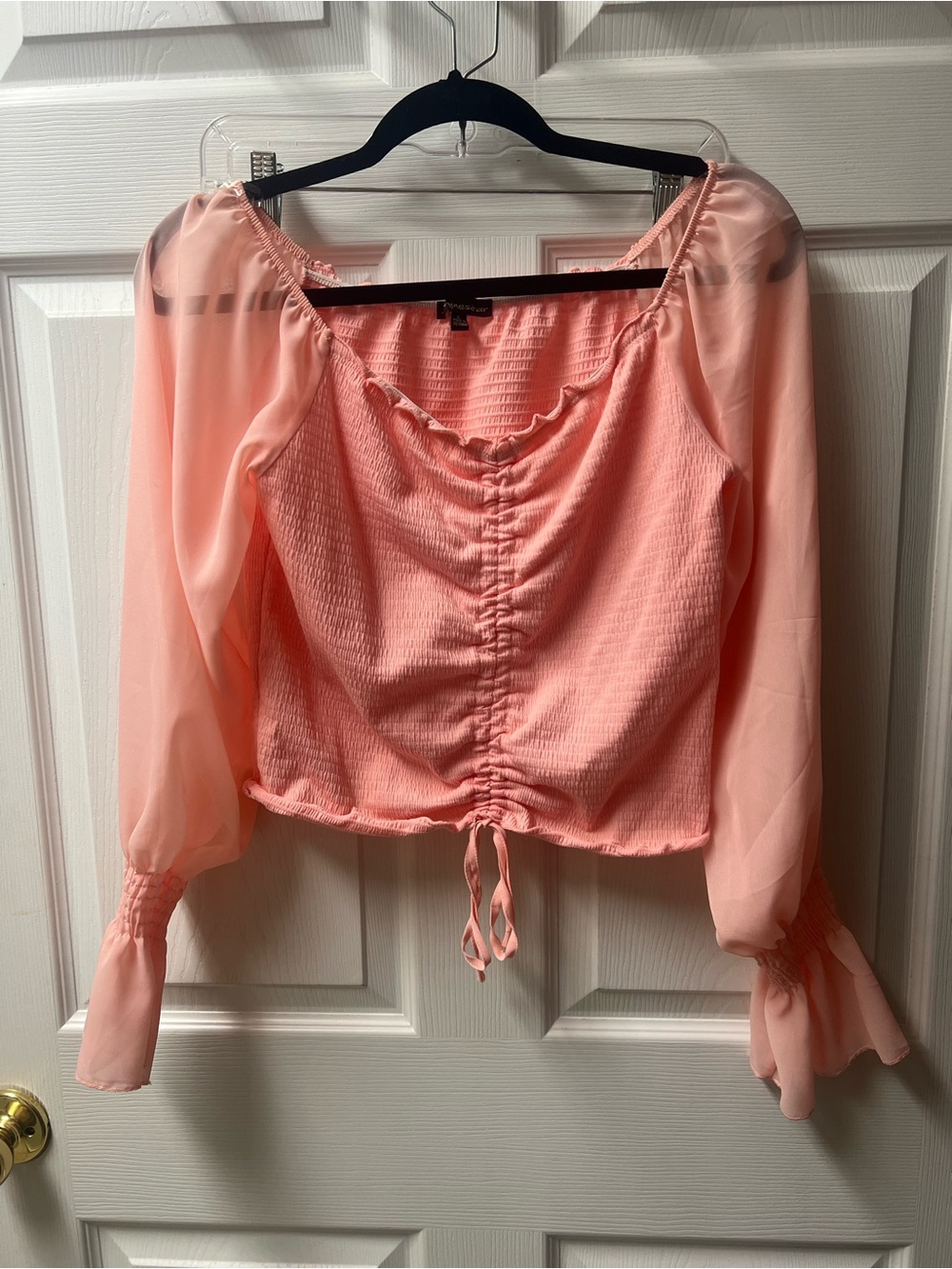 Shinestar Peach Pink Ruched Sheer-Sleeve Blouse